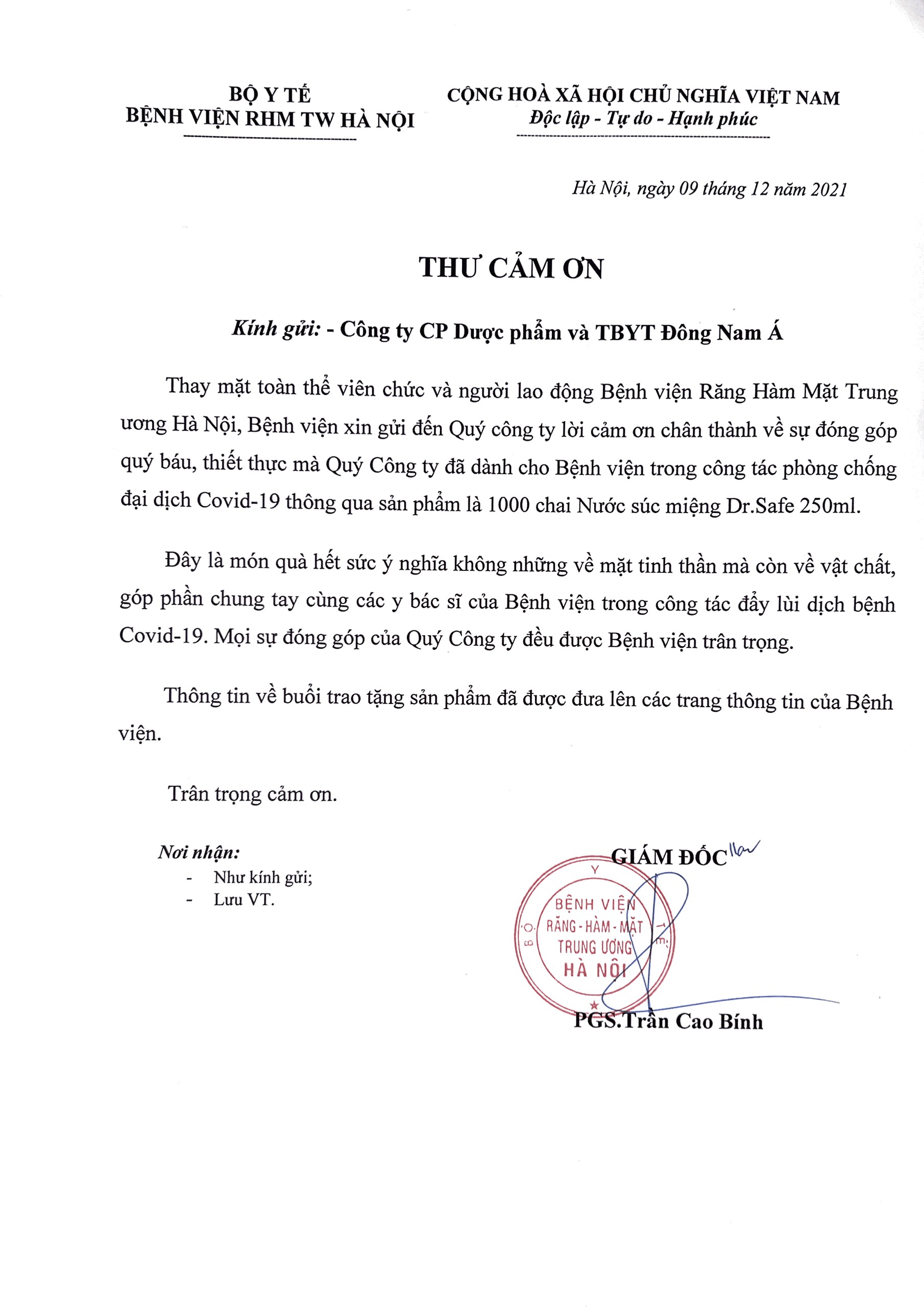 THƯ CẢM ƠN CÔNG TY CP DƯỢC PHẨM VÀ THIẾT BỊ Y TẾ ĐÔNG Á